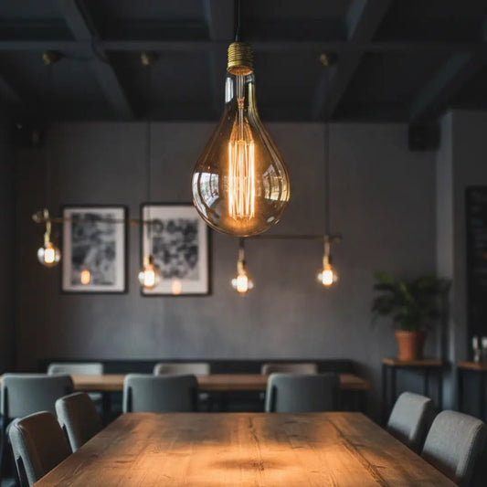 Vintage light bulb hanging above a wooden table in a dimly lit room with gray walls and framed artwork.