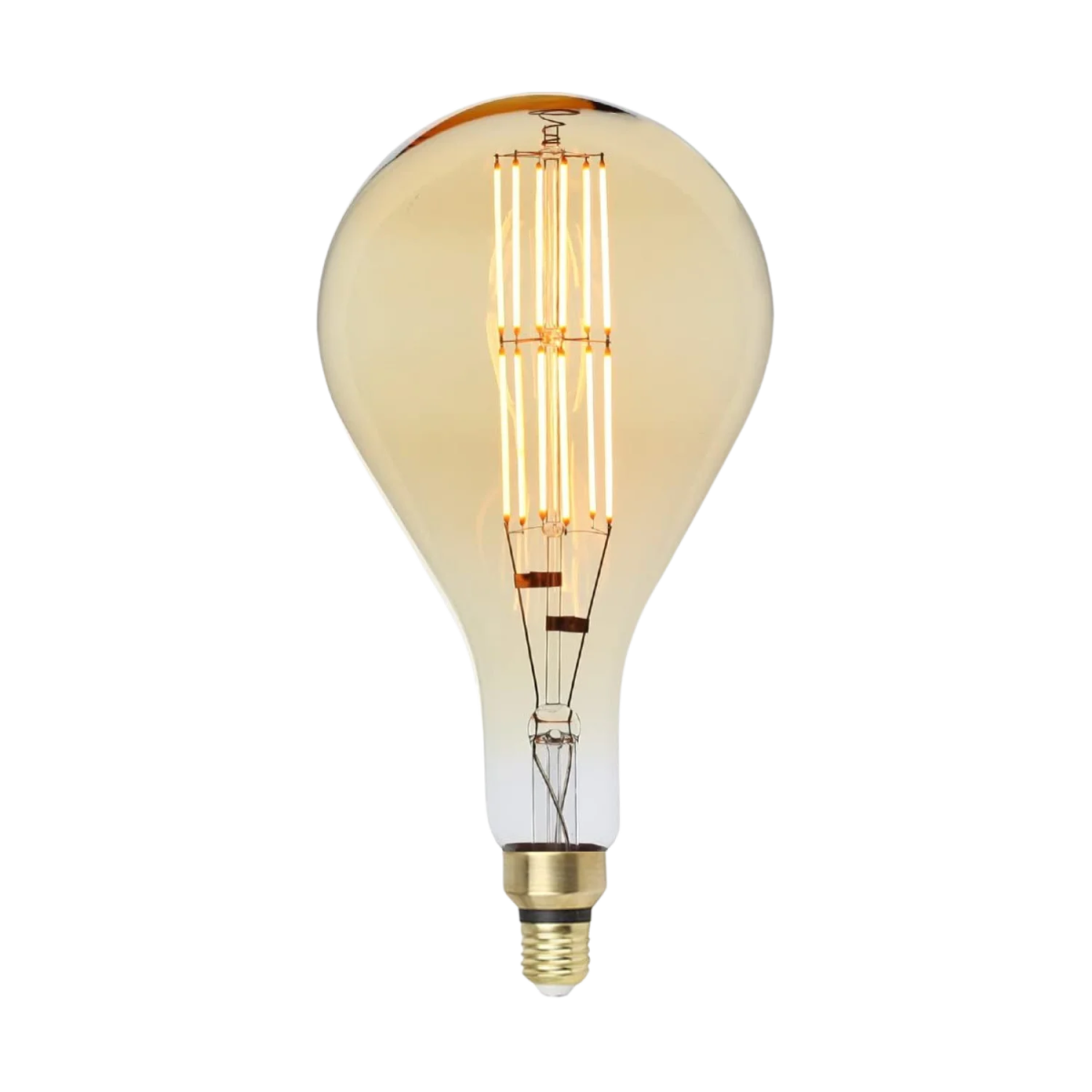 Vintage-style light bulb with clear glass and gold accents on a white background