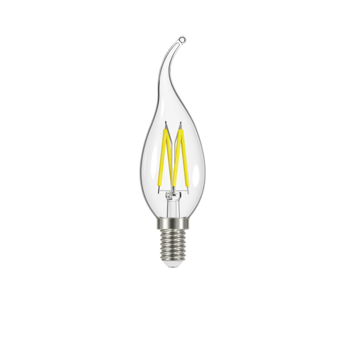 Clear LED light bulb with visible filaments on a white background
