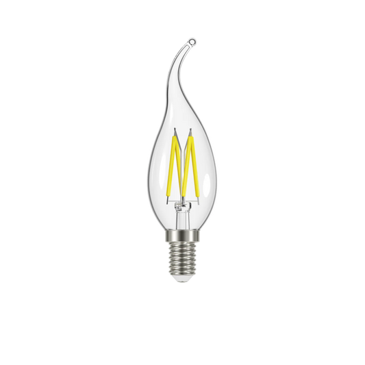 Clear LED light bulb with visible filaments on a white background