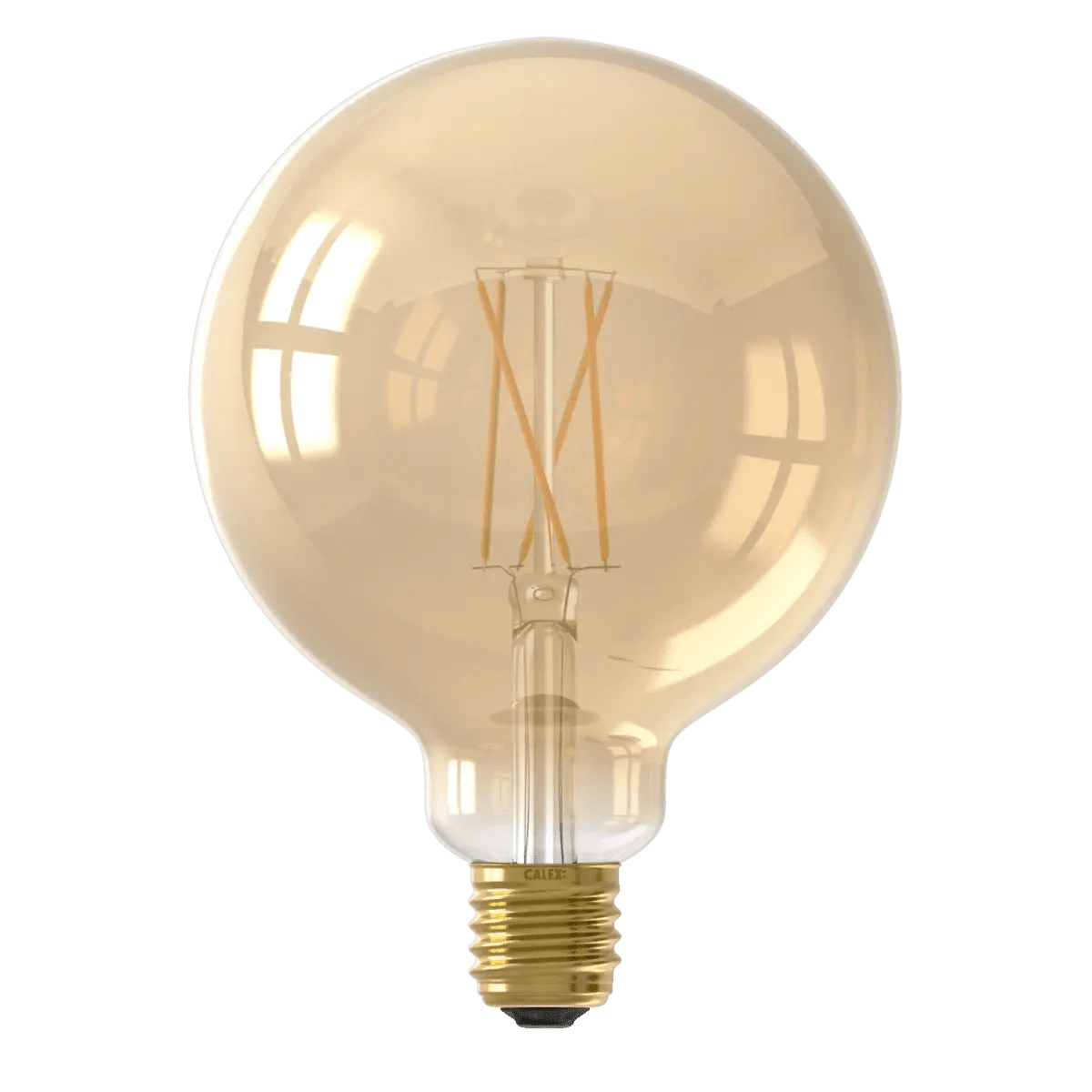 Vintage-style light bulb with gold filament on a white background