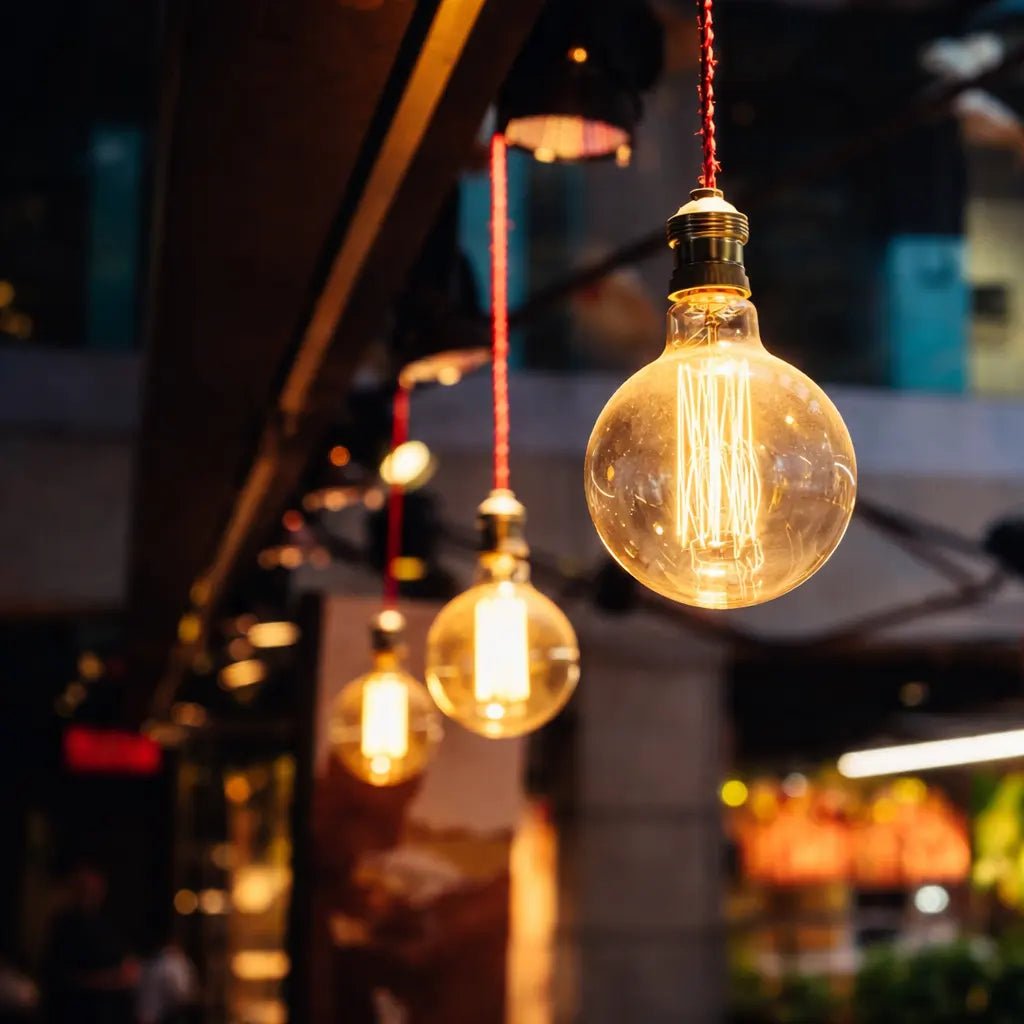 Vintage light bulbs hanging in a blurred indoor setting