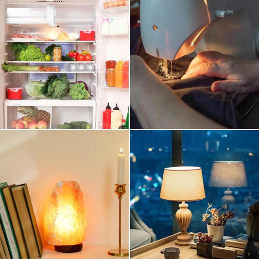 Collage of images including a refrigerator with food, a sewing machine, lamps on a table, and a night scene.