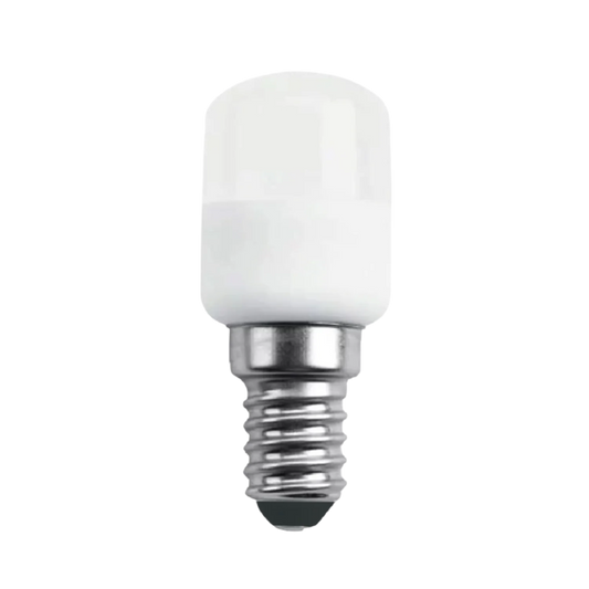 Small white LED light bulb with silver base on a white background