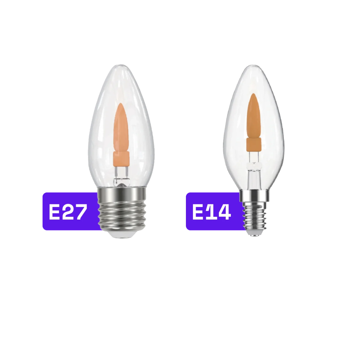 Two clear candle-shaped light bulbs with E27 and E14 base labels on a white background.