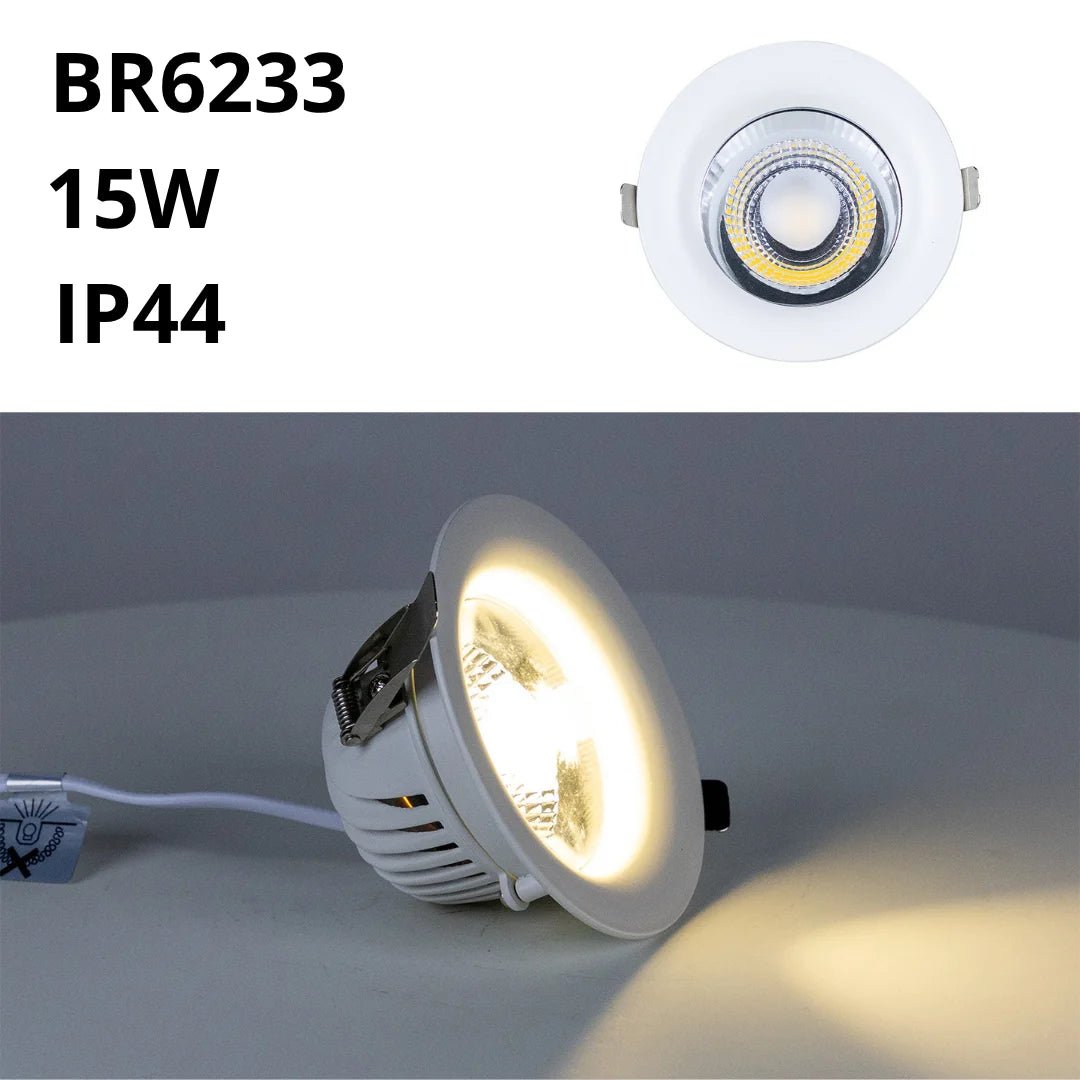LED downlight with specifications BR6233, 15W, IP44 on a white background