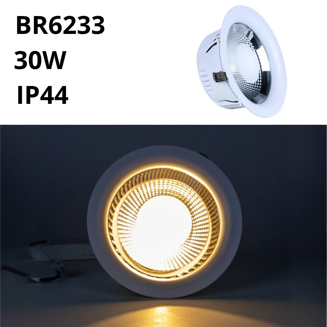 LED downlight with specifications BR6233, 30W, IP44 on a white background.