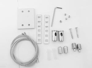 Set of hardware components including cables and metal parts on a white background