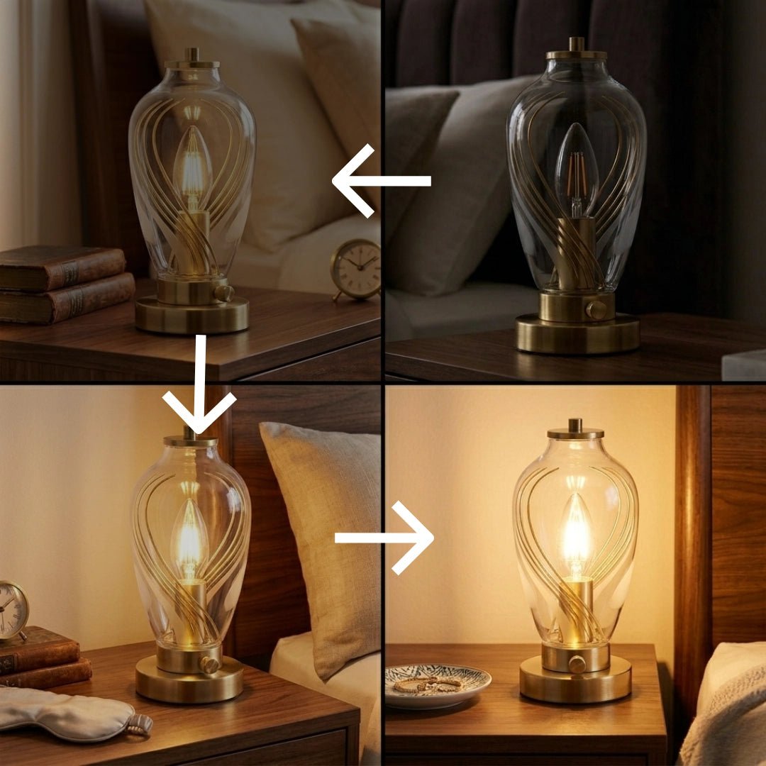 Lamp on a nightstand next to a bed with decorative elements.