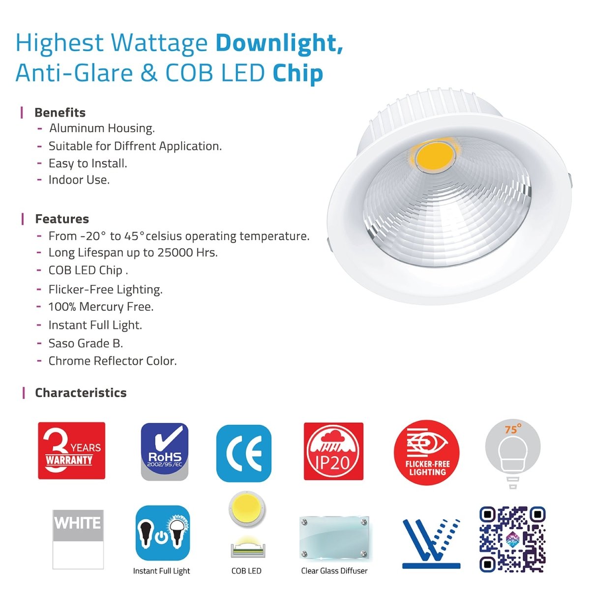 Ultralight LED Downlight - High Wattage 80W - Anti Glare & COB Chip (UTL-DD08)
