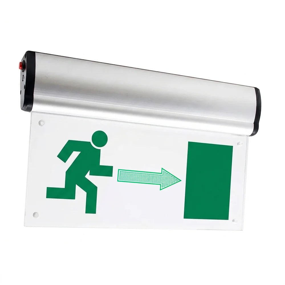 Emergency exit sign with green figure and arrow on a white background