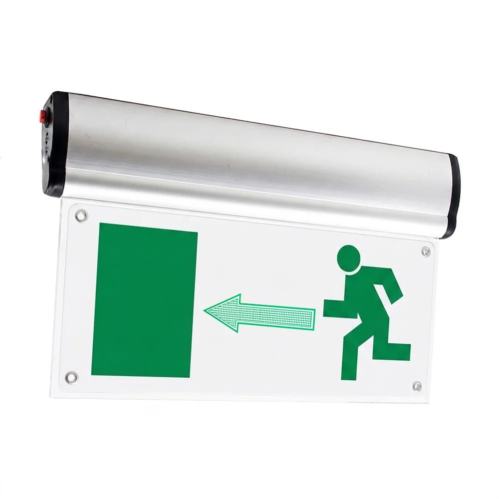 Emergency exit sign with green arrow and person icon on a white background
