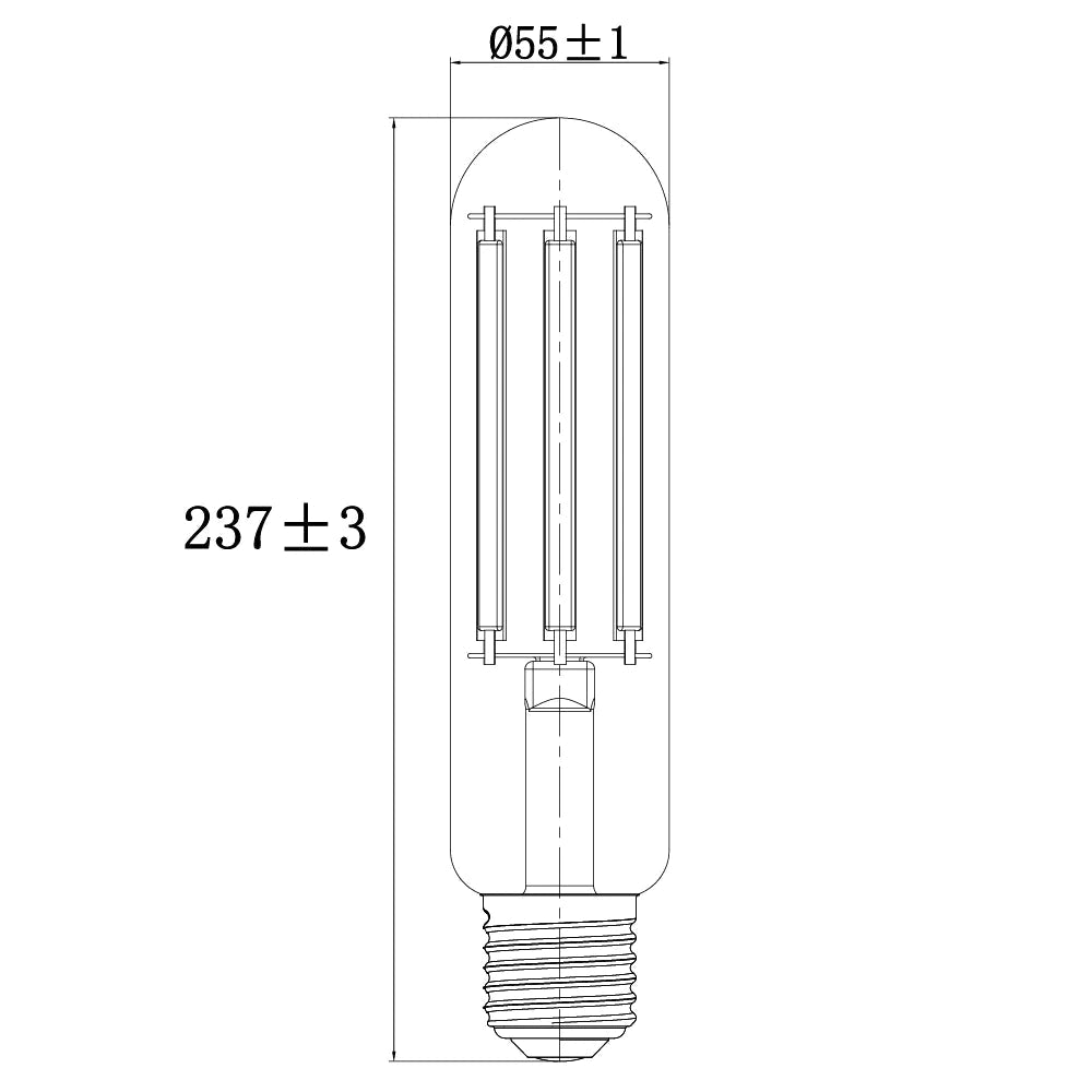 Technical drawing of a light bulb with dimensions labeled