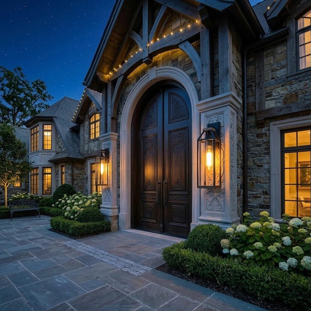 Luxurious house entrance with stone facade, wooden doors, and decorative lights at night.