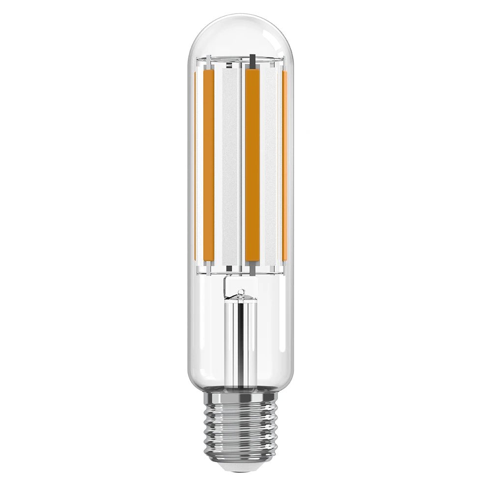 Clear LED light bulb with visible filaments on a white background