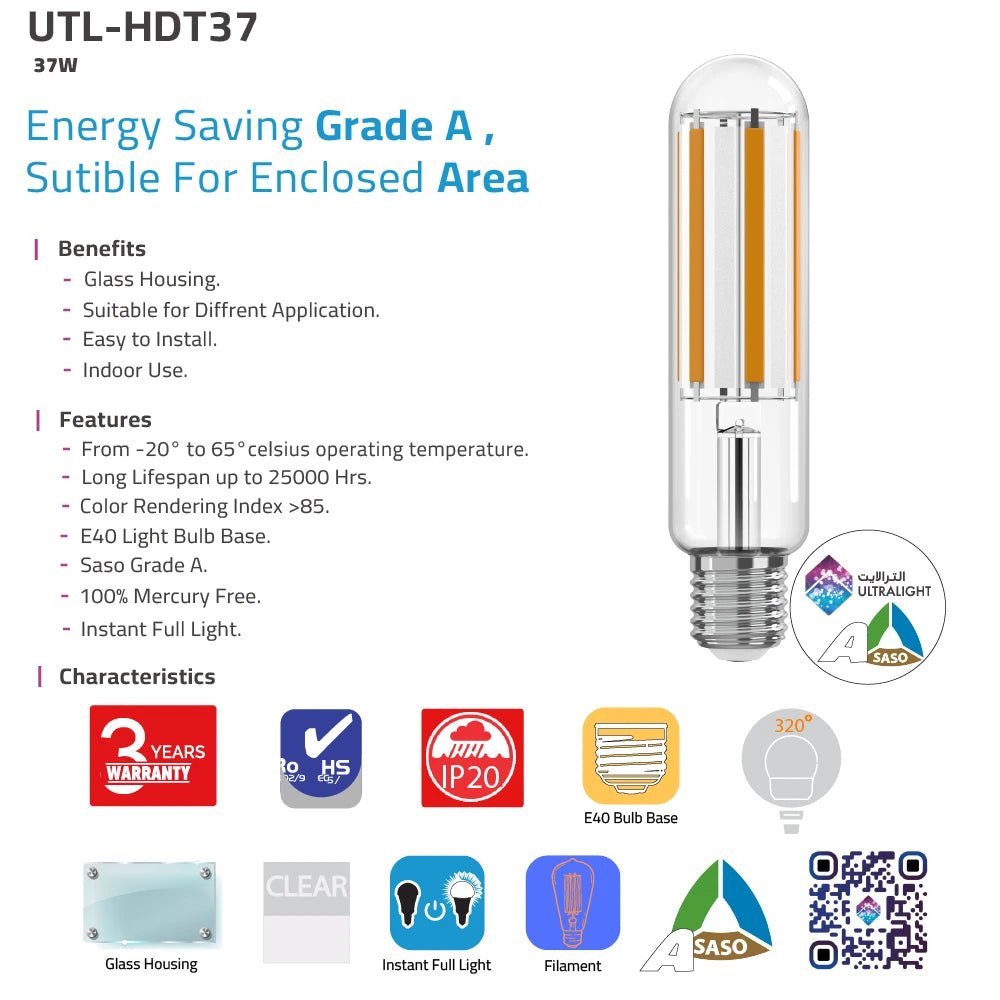 Energy-saving light bulb with features and specifications on a white background