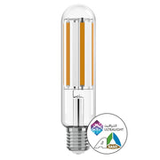 Clear cylindrical LED light bulb with E27 base on a white background, featuring SASO certification logo.