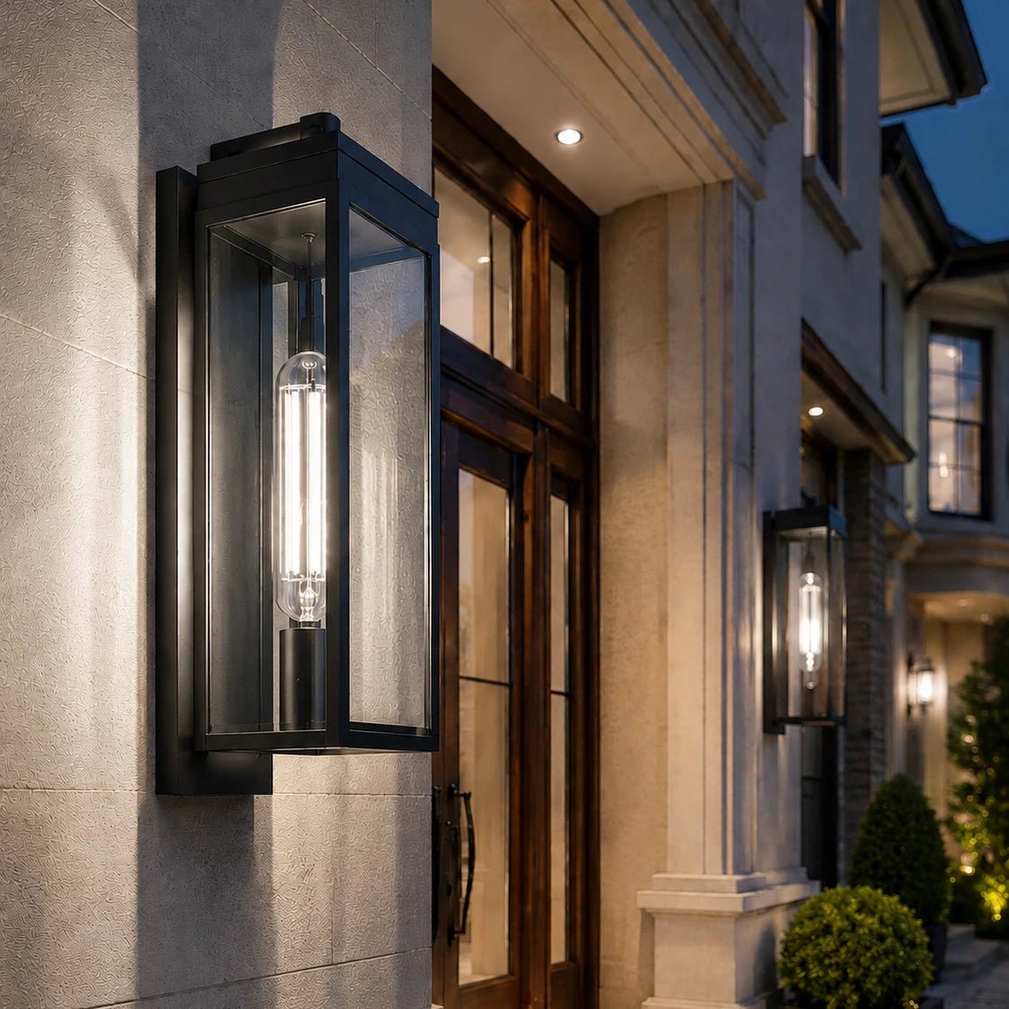 Modern outdoor wall lights on a building facade