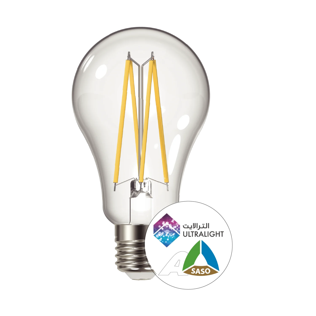 Clear LED light bulb with ULTRALIGHT and SASO logos on a white background
