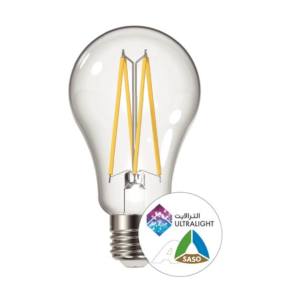 Clear LED light bulb with ULTRALIGHT and SASO logos on a white background