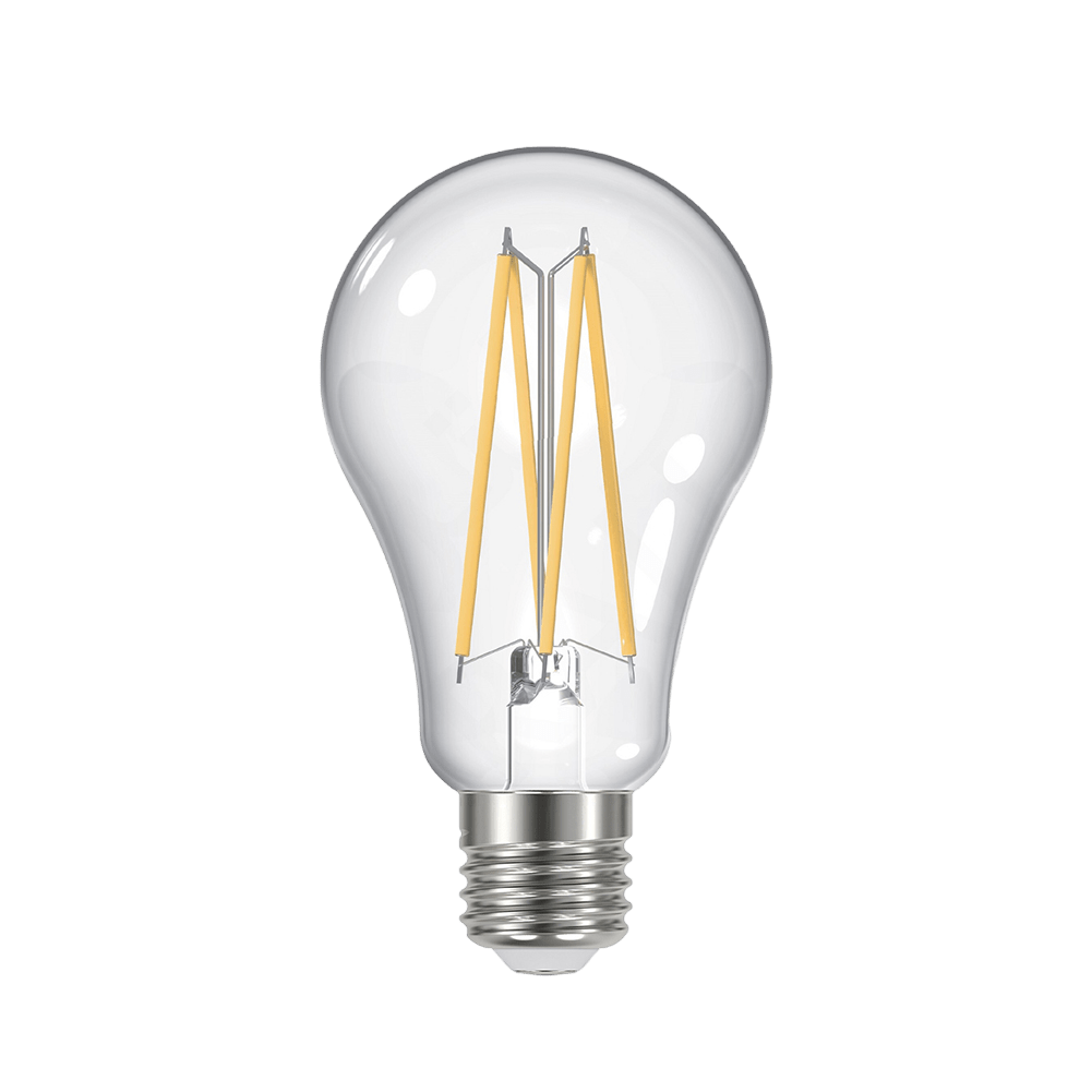 An E27 LED filament bulb with a clear glass cover and silver base.