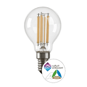 Clear light bulb with visible filaments on a white background, featuring SASO certification logo.