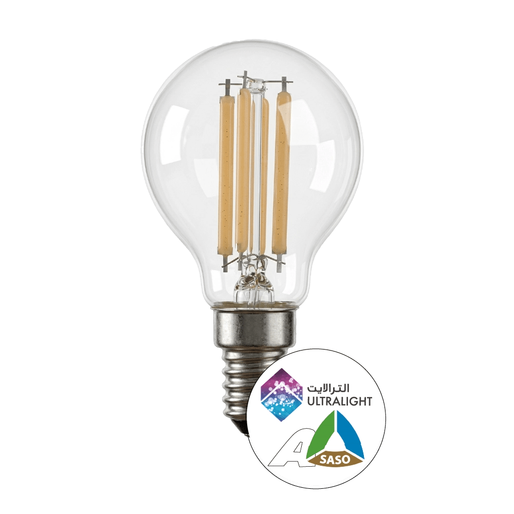 Clear light bulb with visible filaments on a white background, featuring SASO certification logo.