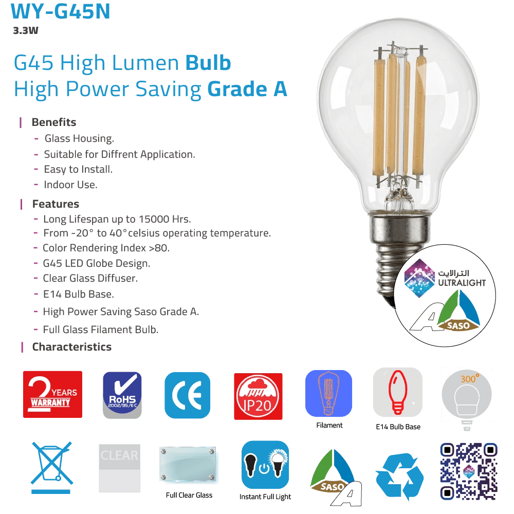 G45 LED light bulb with specifications and certifications on a white background