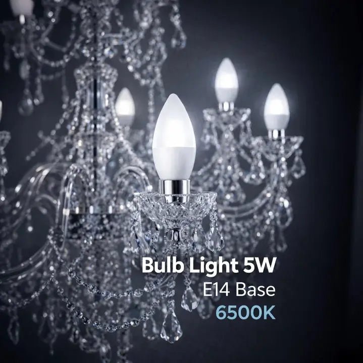 Bulb light with E14 base in front of a chandelier on a dark background