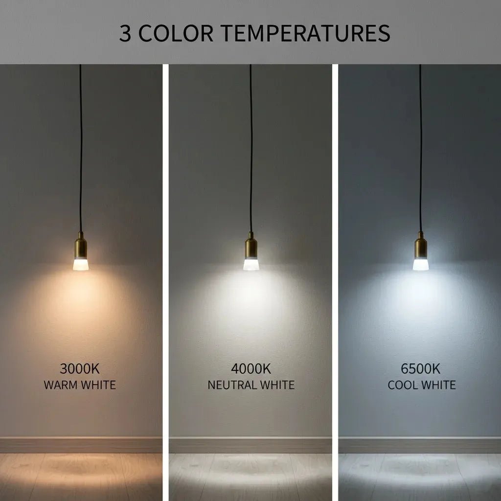 Three pendant lights showing different color temperatures on a gray wall.