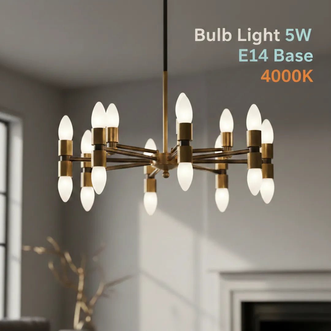 Modern chandelier with 16 light bulbs in a room setting, featuring text about bulb specifications.