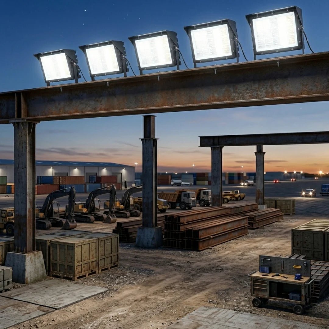 Industrial setting with large metal beams and lights at dusk.