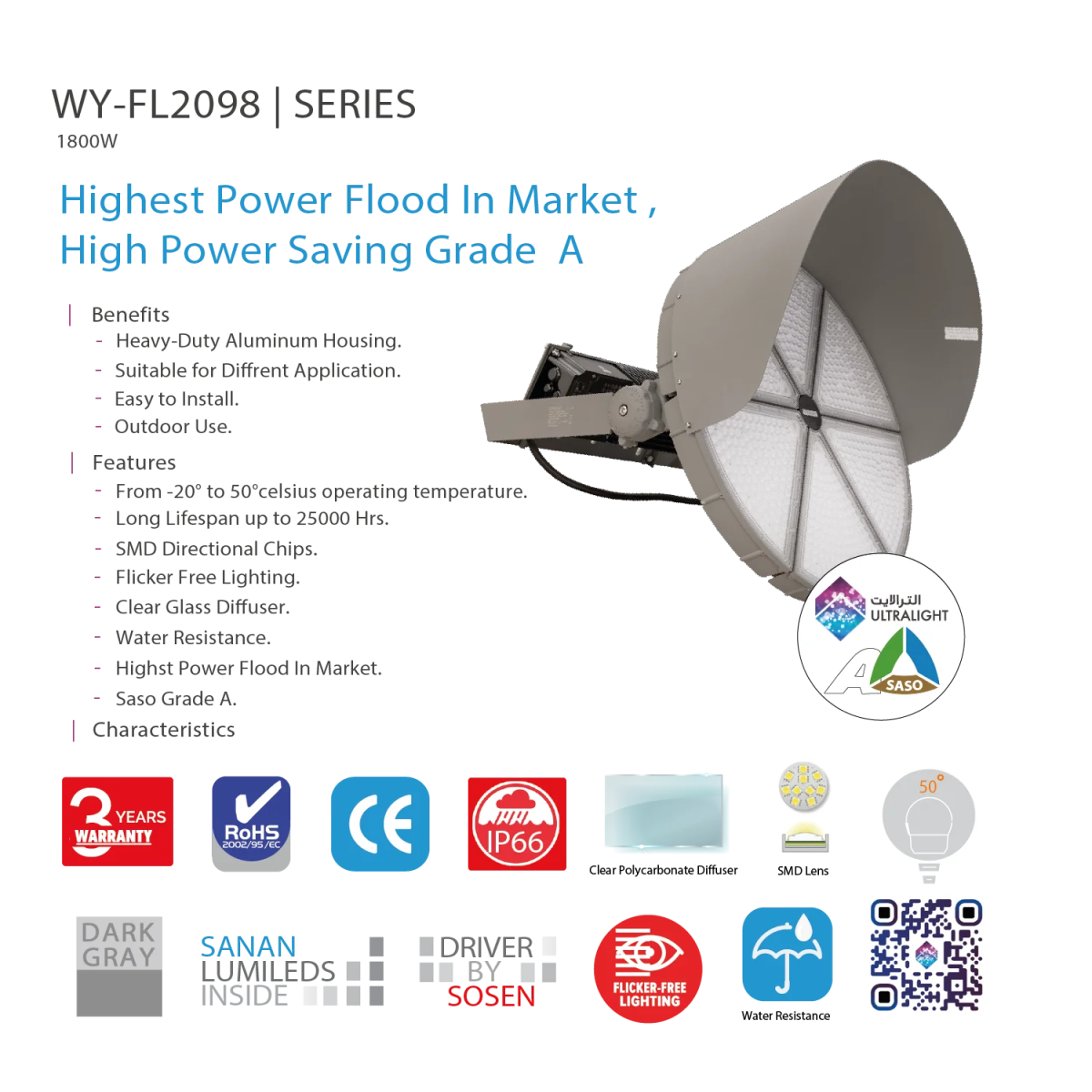Ultralight LED Flood Light - Highest Power Flood in Market 1800W (WY-FL2098)