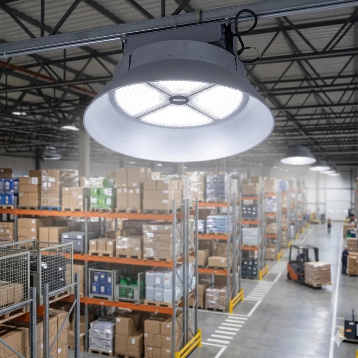 Warehouse interior with a large ceiling light fixture.