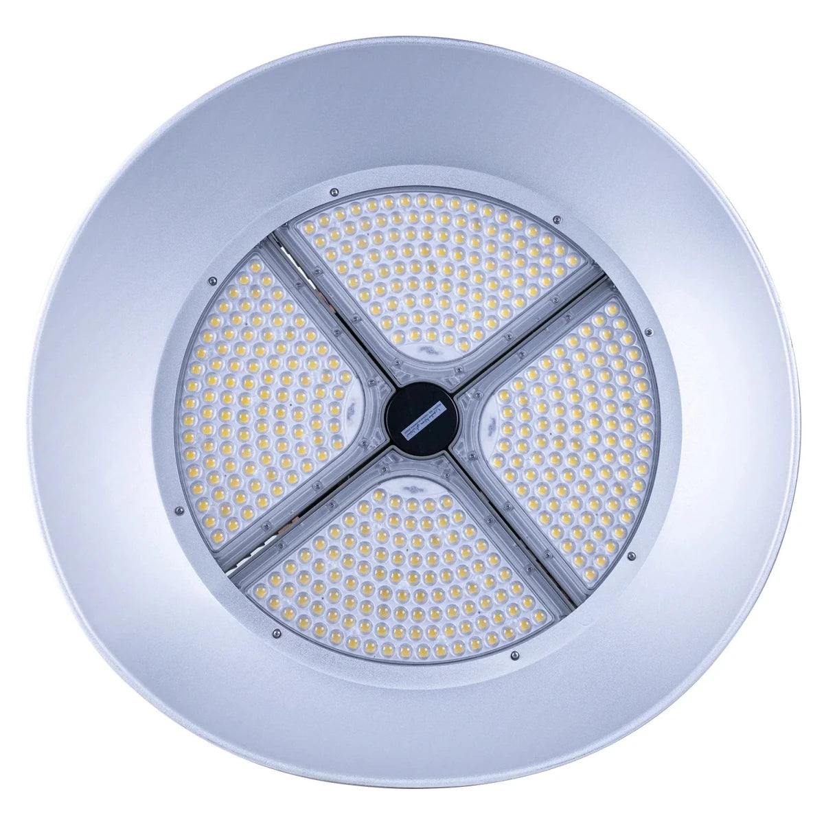 Circular LED light fixture with visible bulb components on a white background