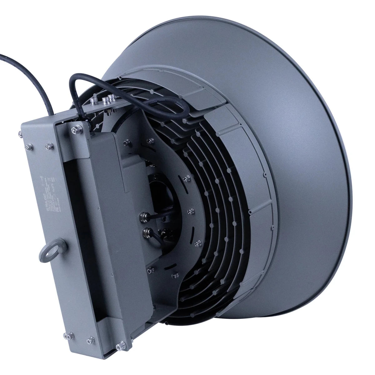 Industrial fan with a metallic finish on a white background
