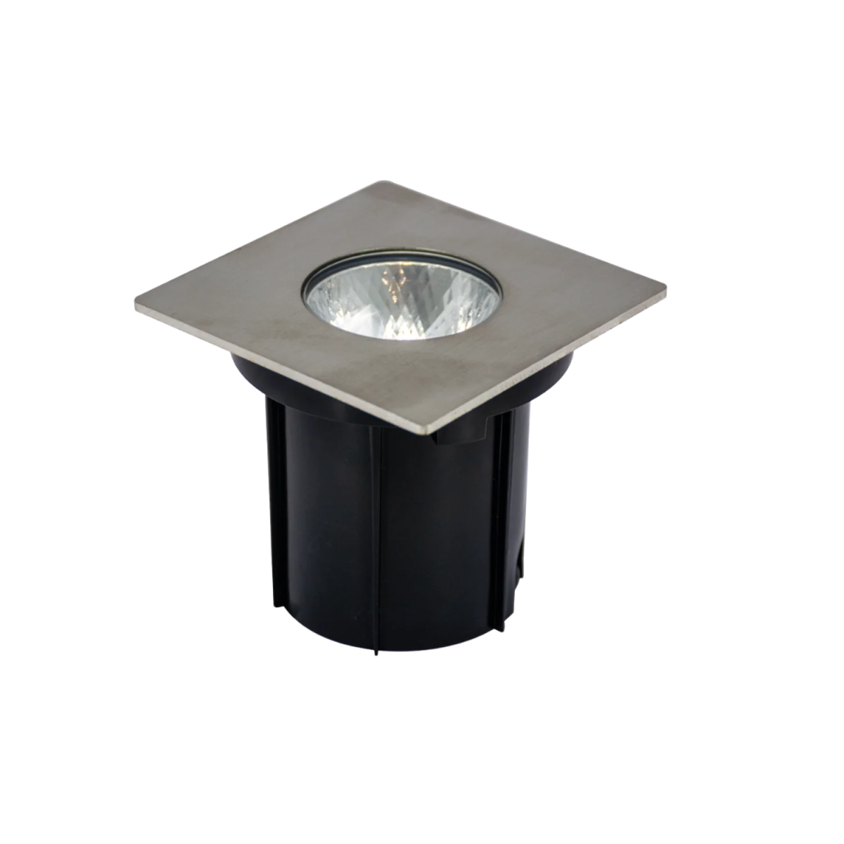A recessed LED light fixture in a chrome finish with a clear glass cover, designed to be installed in the ground.