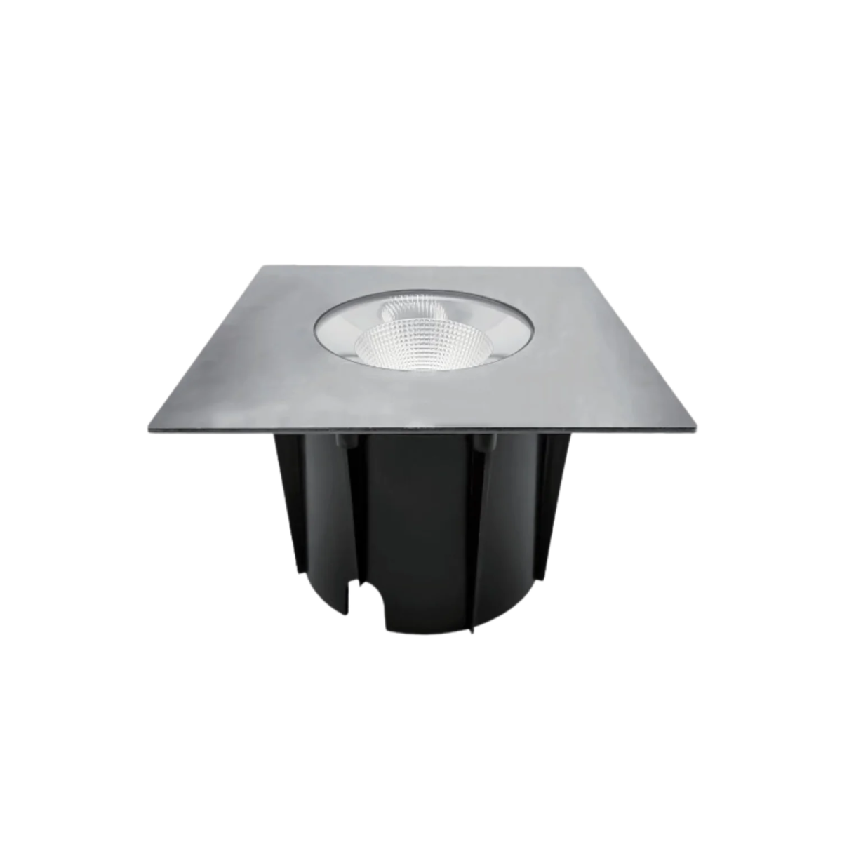 A recessed LED light fixture in a chrome finish with a clear glass cover, designed to be installed in the ground.