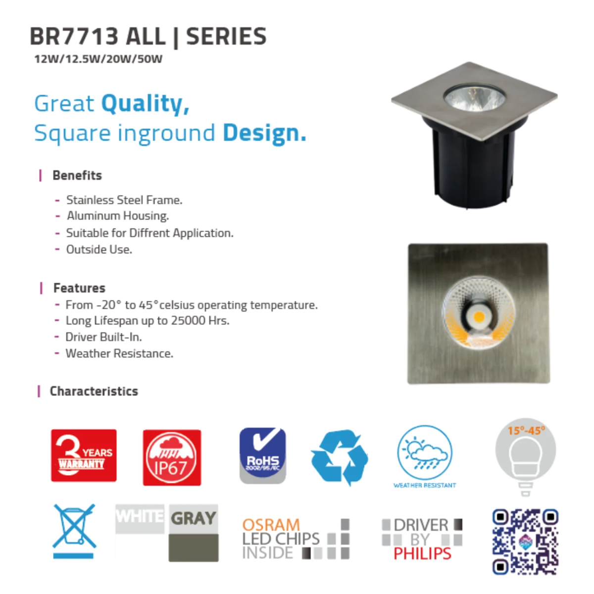 UltraLight LED In-Ground Recessed Light IP67 (BR7713 SQ)