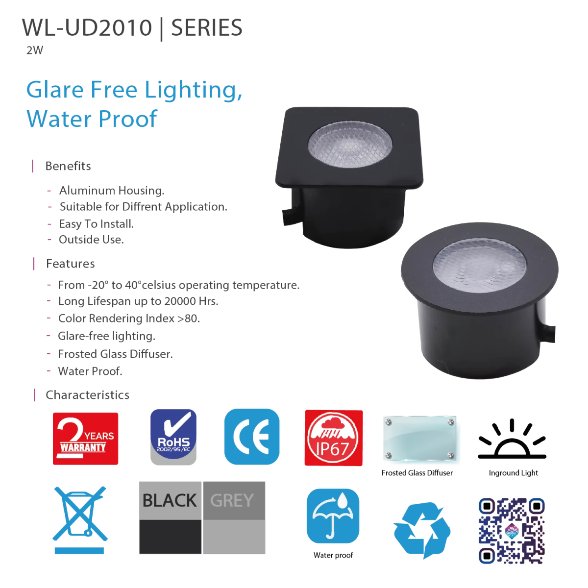 كشاف أرضي ليد دفن 2 واط (UD2010) – إضاءة خارجية مقاومة للماء وخالية من التوهج للممرات والحدائق