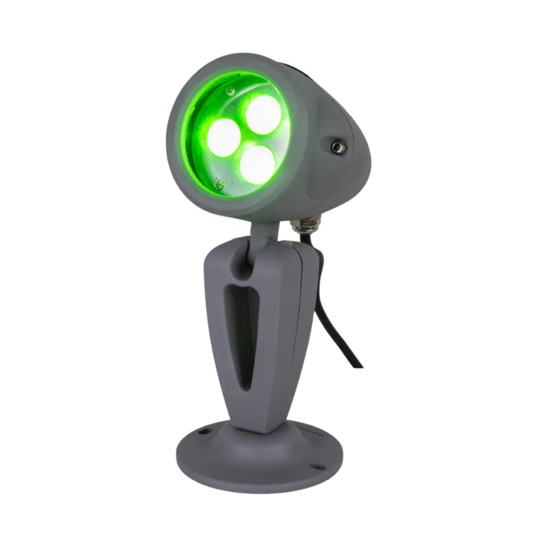 Gray outdoor light fixture with green LED lights on a white background