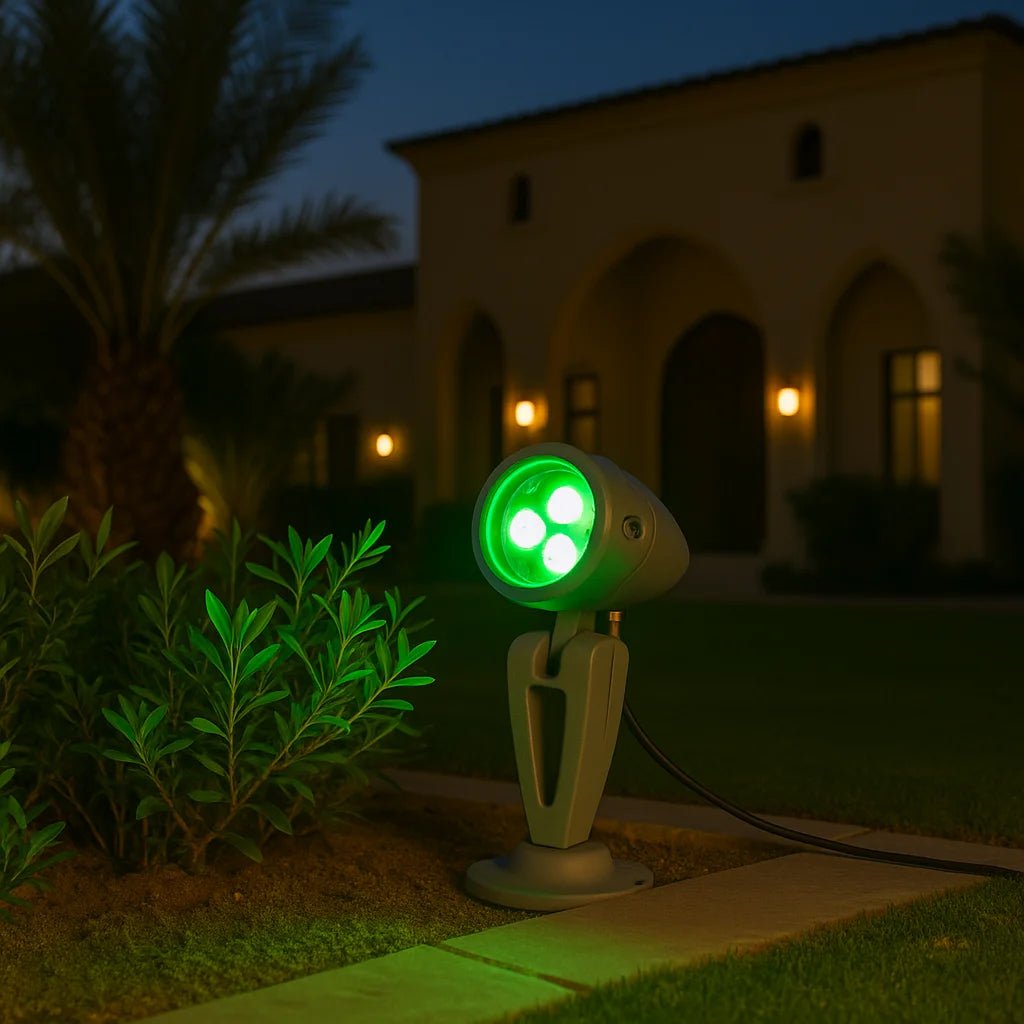 Green outdoor spotlight on a pathway with a house in the background