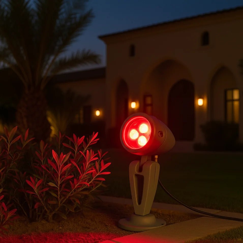Red outdoor light fixture in a garden with a blurred building in the background