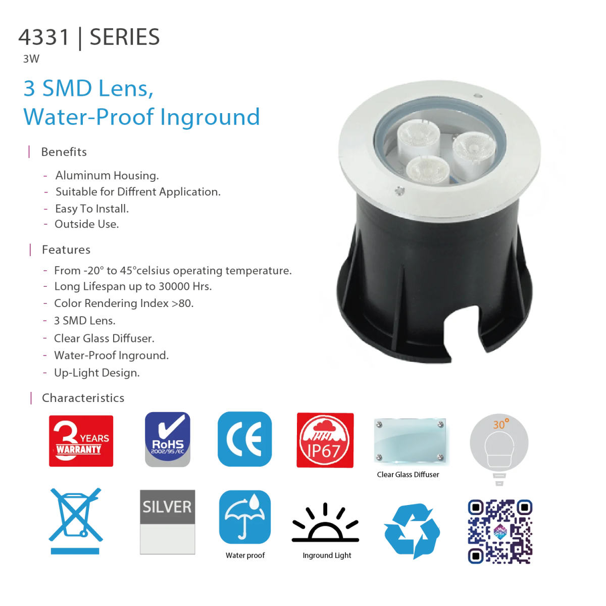 كشاف ليد أرضي مقاوم للماء  من الترالايت – تصميم Up-Light بزاوية 30° وهيكل ألمنيوم (4331)