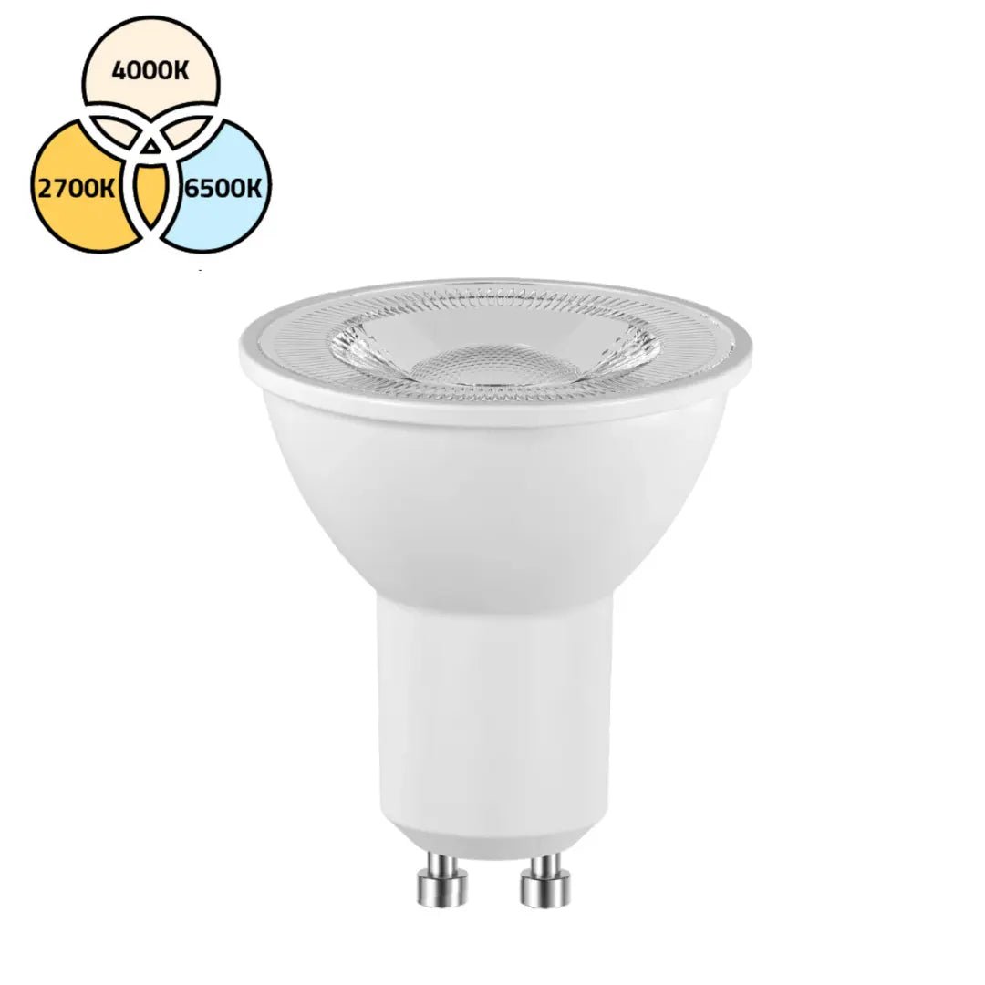 LED light bulb with color temperature indicators on a white background