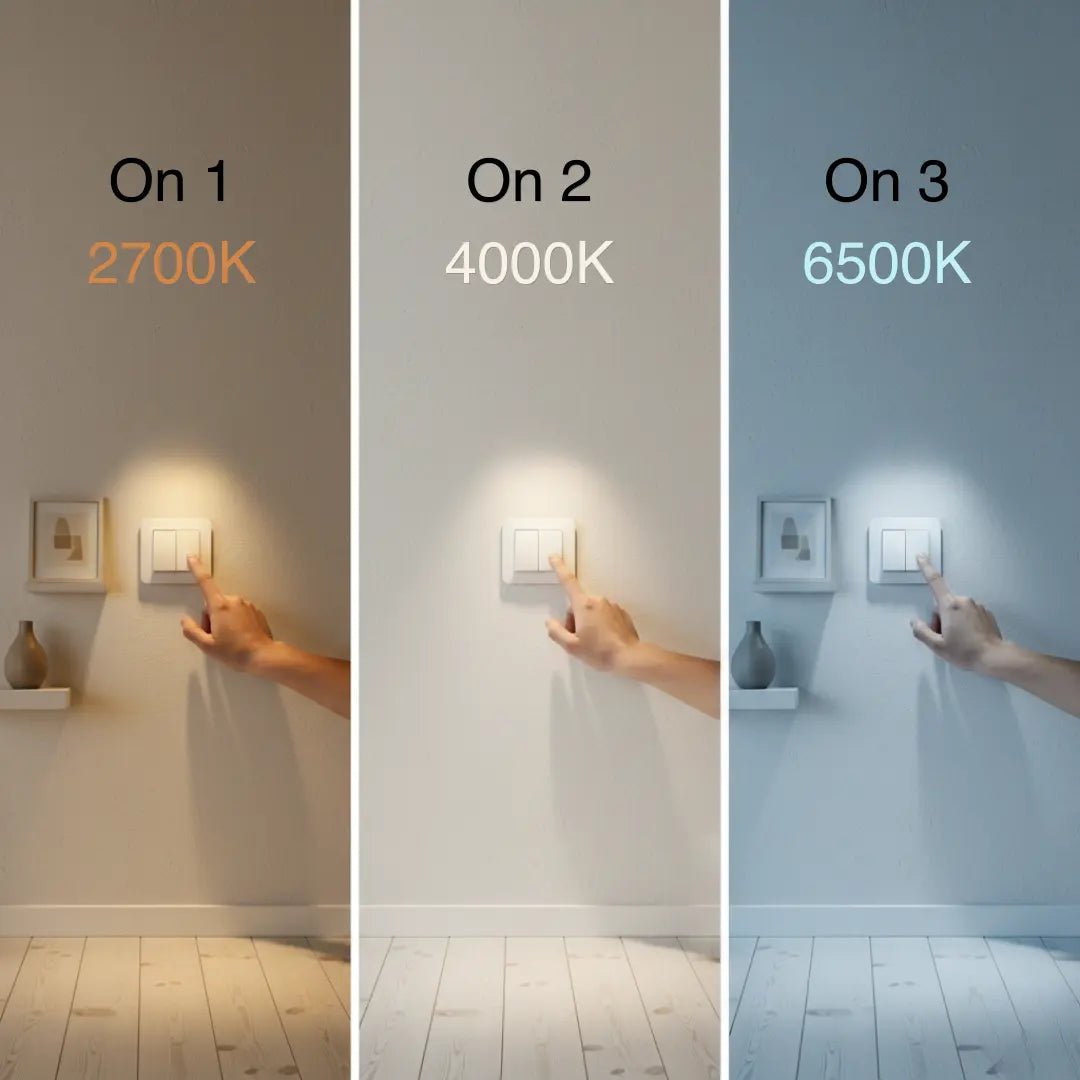 Three panels showing different color temperatures of a light switch being turned on.