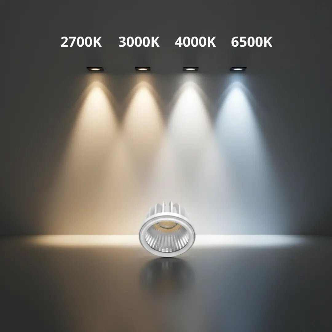 LED spotlight with color temperature labels on a dark background
