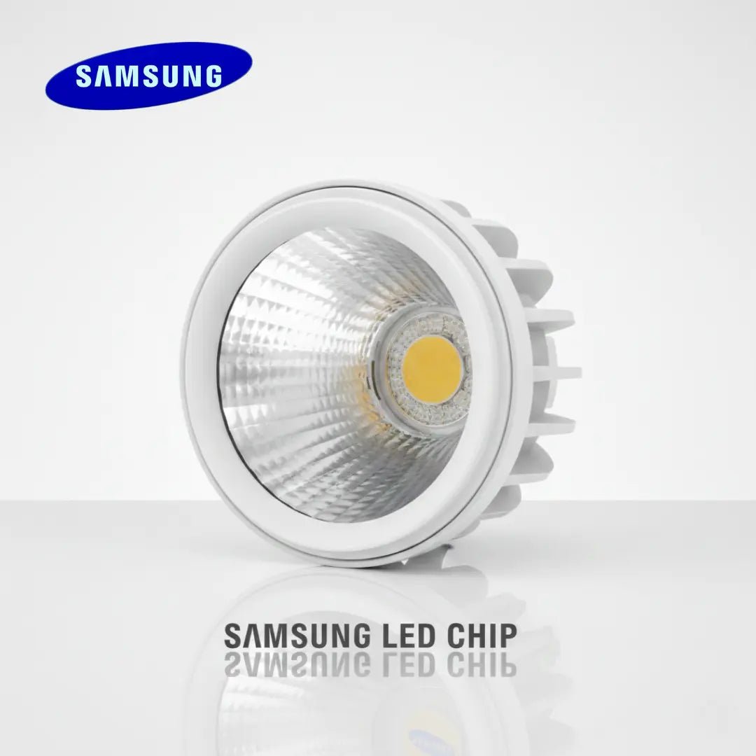 Samsung LED light bulb on a white background with Samsung logo above.