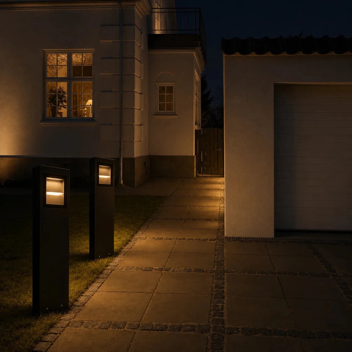 Evening view of a house exterior with illuminated pathway and lights.