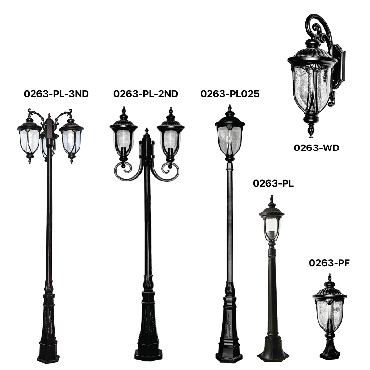Collection of outdoor lamp posts and wall lights with model numbers on a green background